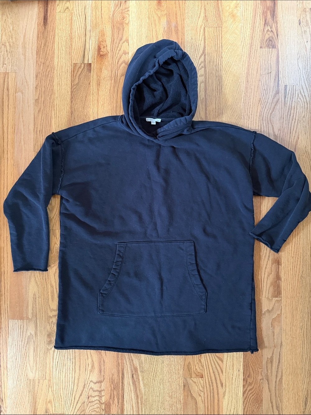 Eileen Fisher XS TP Black Hooded Pullover Sweatshirt terry cloth unfinished edge